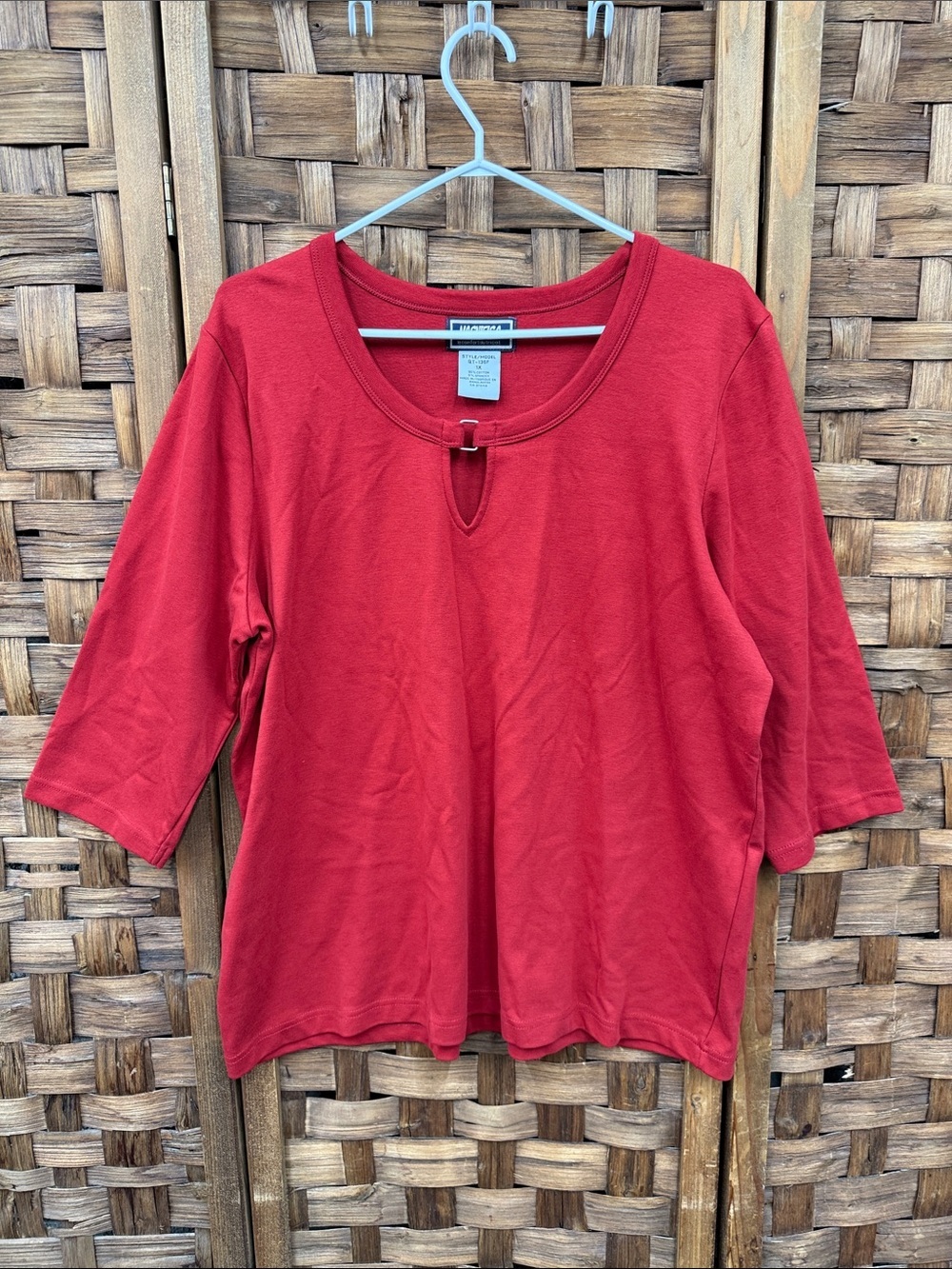 Women's Red Scoop Neck Tee with Keyhole Tab